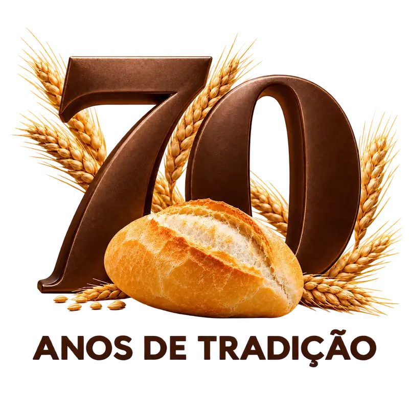 70 anos de tradição, em uma composição com pão francês e espigas de trigo